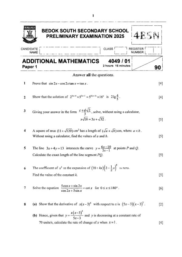 Bedok South Sec4 A_Maths Prelim 2025 exam paper PDF preview