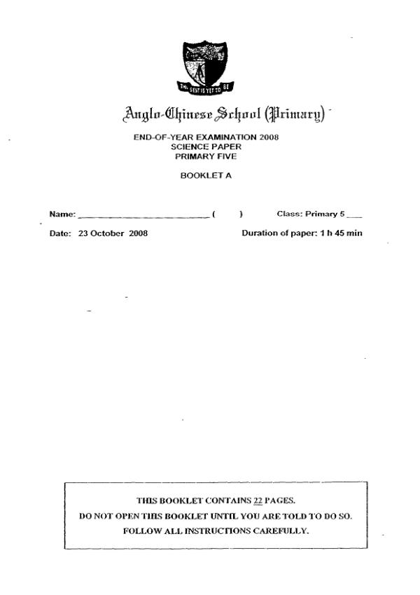 Anglo Chinese P5 Sci SA2 2008 exam paper PDF preview