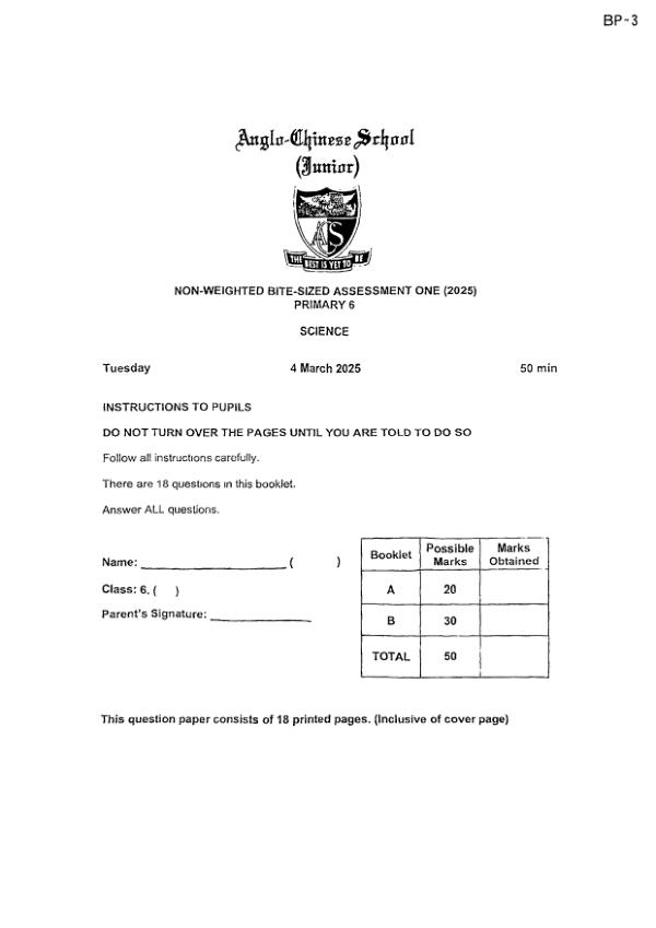 Anglo Chinese P6 Sci WA1 2025 exam paper PDF first page preview