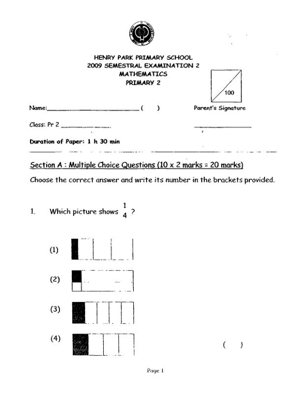 Henry Park P2 Math SA2 2009 exam paper PDF preview