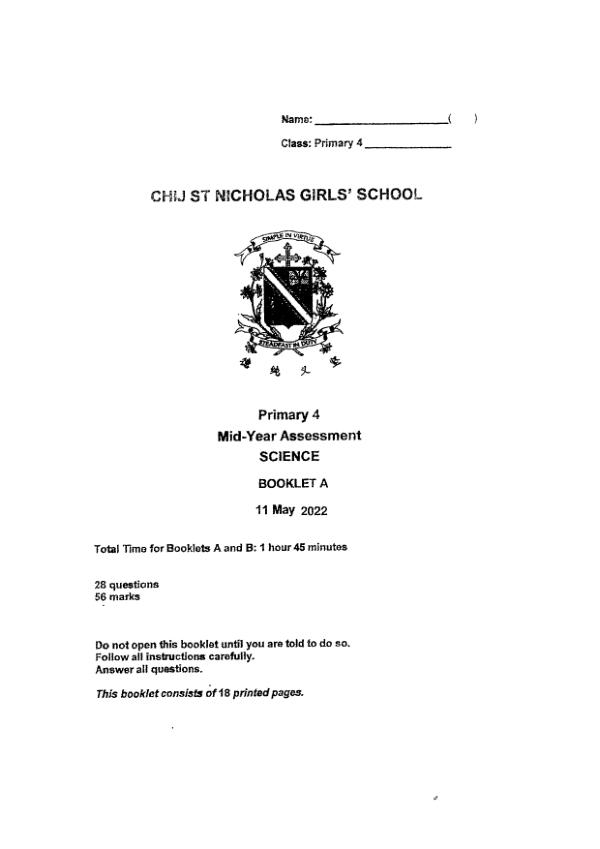 CHIJ P4 Sci WA2 2022 exam paper PDF first page preview