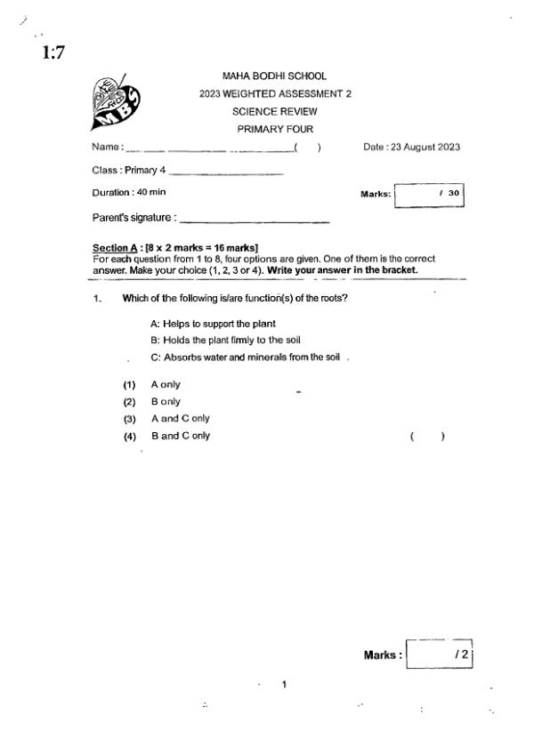 Maha Bodhi P4 Sci WA3 2023 exam paper PDF first page preview