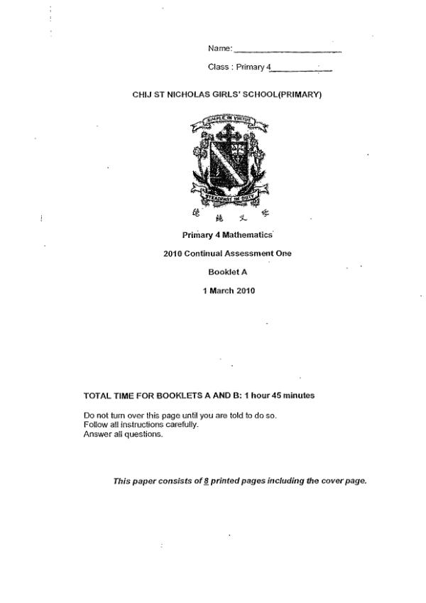 CHIJ P4 Math WA1 2010 exam paper PDF preview