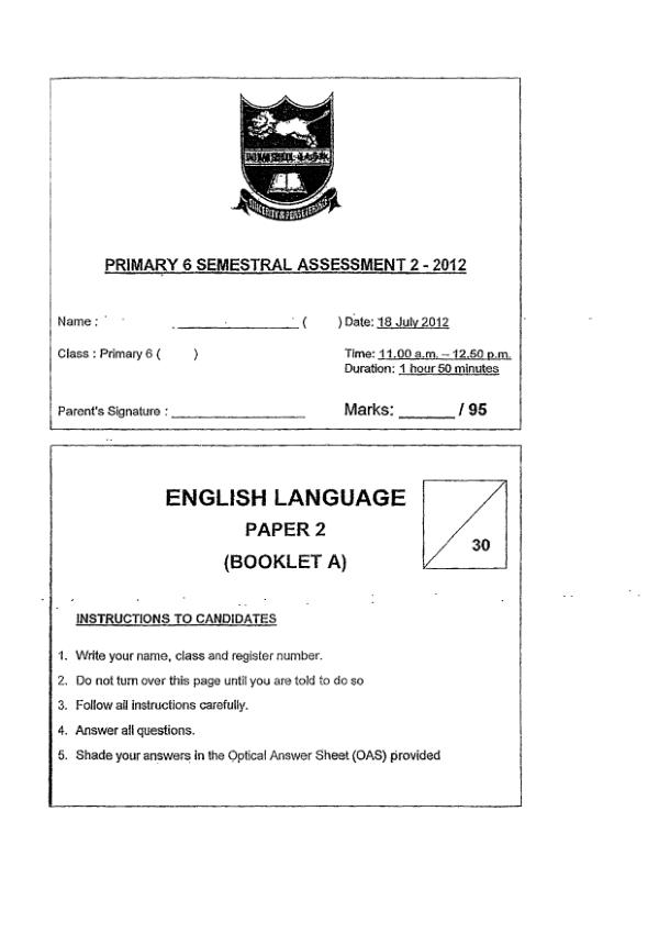 Tao Nan P6 Eng SA2 2012 exam paper PDF preview