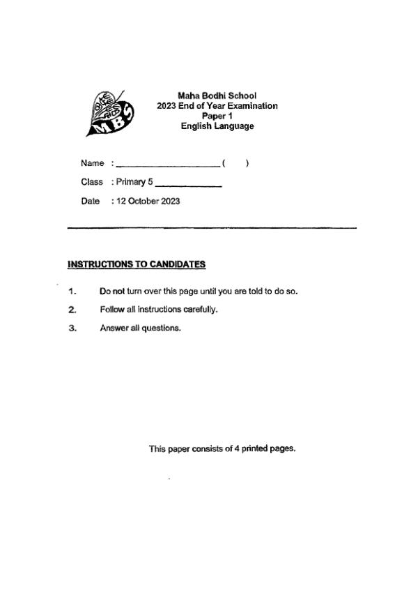 Maha Bodhi P5 Eng SA2 2023 exam paper PDF first page preview