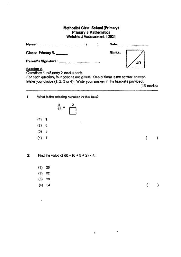 First page preview of P5 Math 2021 WA1 — Methodist Girls