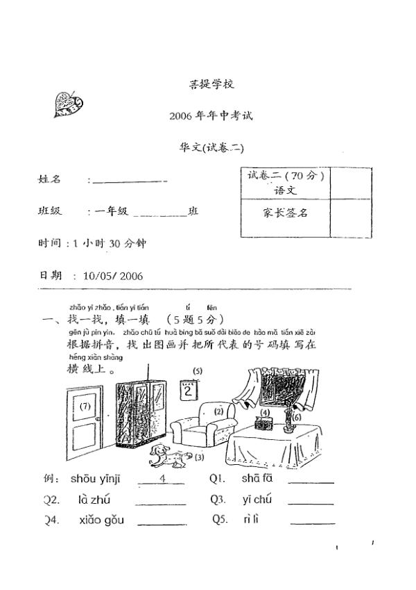 Maha Bodhi P1 Chi WA2 2006 exam paper PDF first page preview