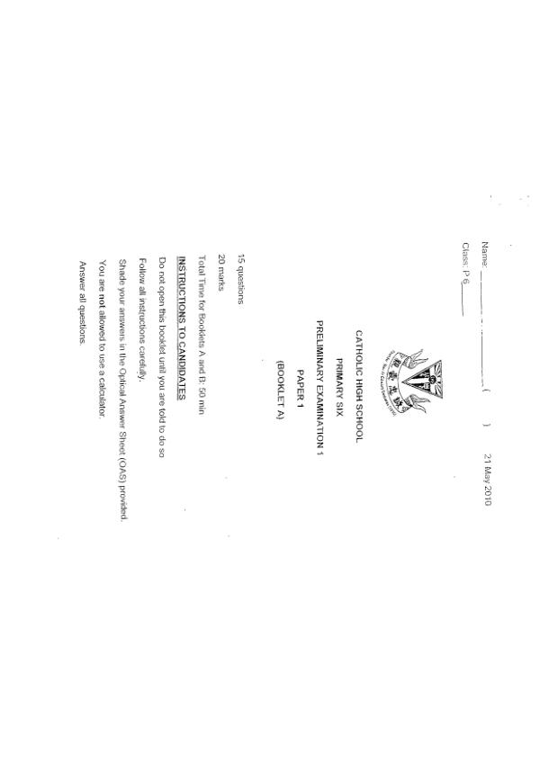 Catholic High P6 Math SA2 2010 exam paper PDF preview