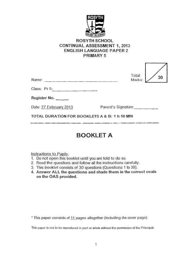 Rosyth P5 Eng WA1 2013 exam paper PDF preview