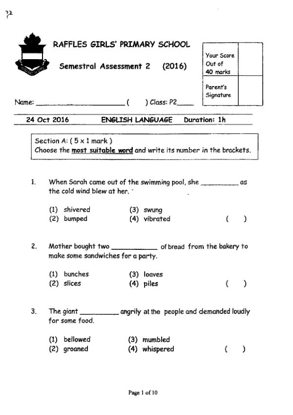 Raffles Girls P2 Eng SA2 2016 exam paper PDF first page preview