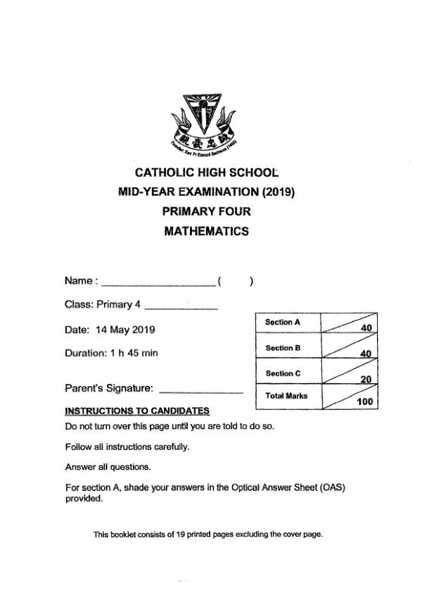 First page preview of P4 Math 2019 WA2 — Catholic High