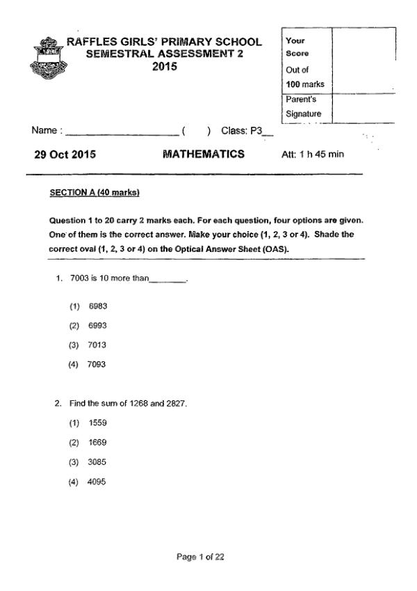 First page preview of P3 Math 2015 SA2 — Raffles Girls