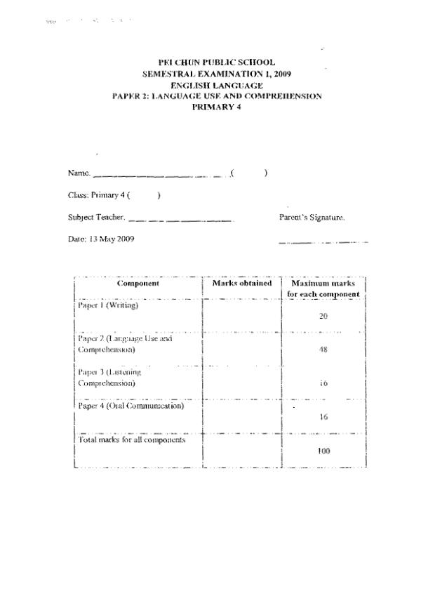 Pei Chun P4 Eng WA2 2009 exam paper PDF preview