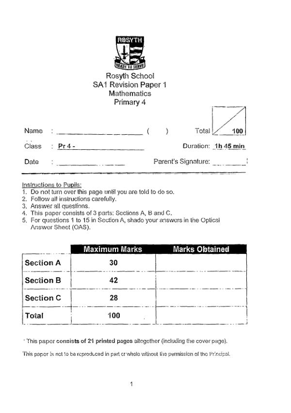 First page preview of P4 Math 2019 WA2 — Rosyth