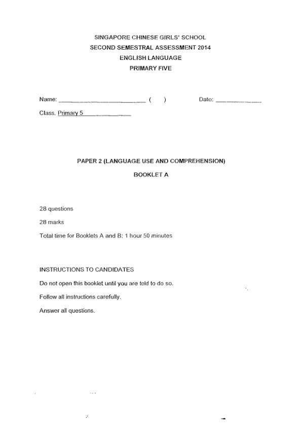 Singapore Chinese Girls P5 Eng SA2 2014 exam paper PDF first page preview