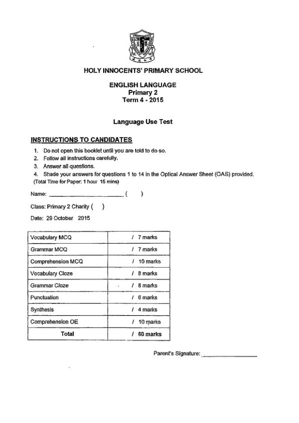 Holy Innocents P2 Eng SA2 2015 exam paper PDF first page preview