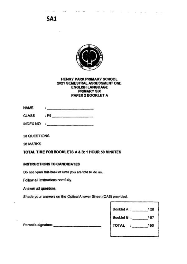Henry Park P6 Eng WA2 2021 exam paper PDF first page preview