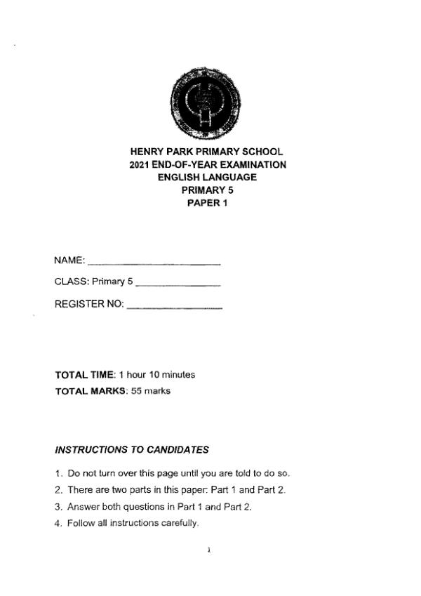 Henry Park P5 Eng SA2 2021 exam paper PDF first page preview