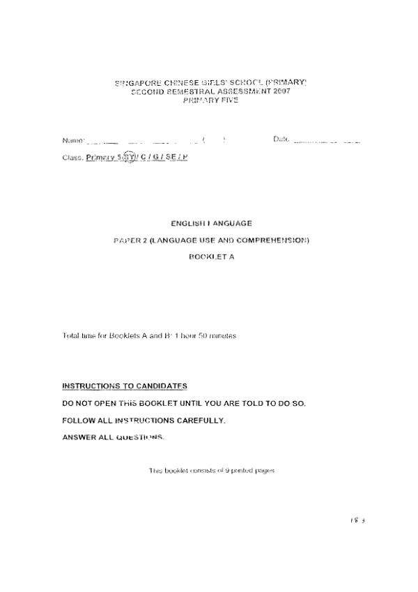 Singapore Chinese Girls P5 Eng SA2 2007 exam paper PDF preview