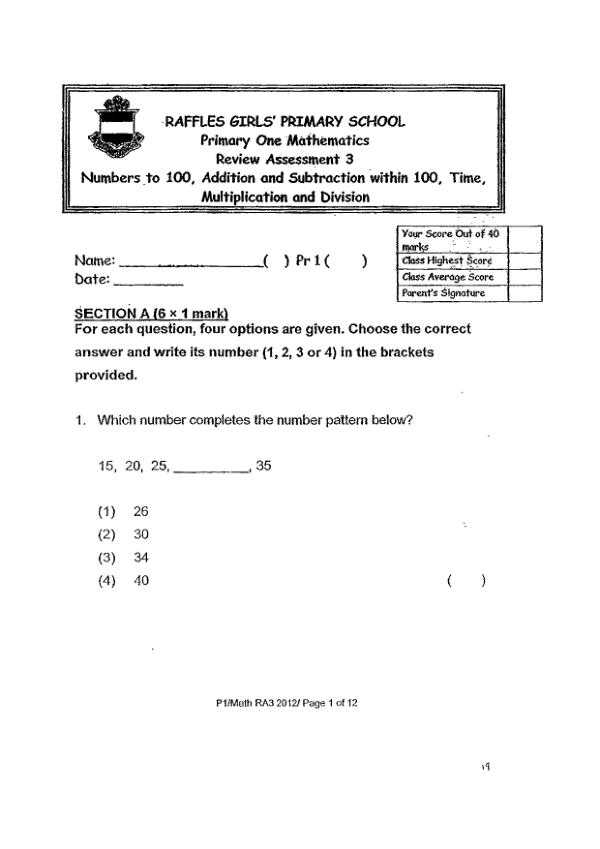Raffles Girls P1 Math SA2 2012 exam paper PDF preview