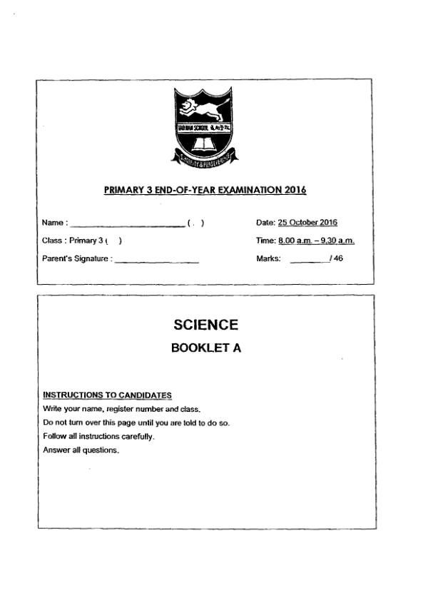 Tao Nan P3 Sci SA2 2016 exam paper PDF preview