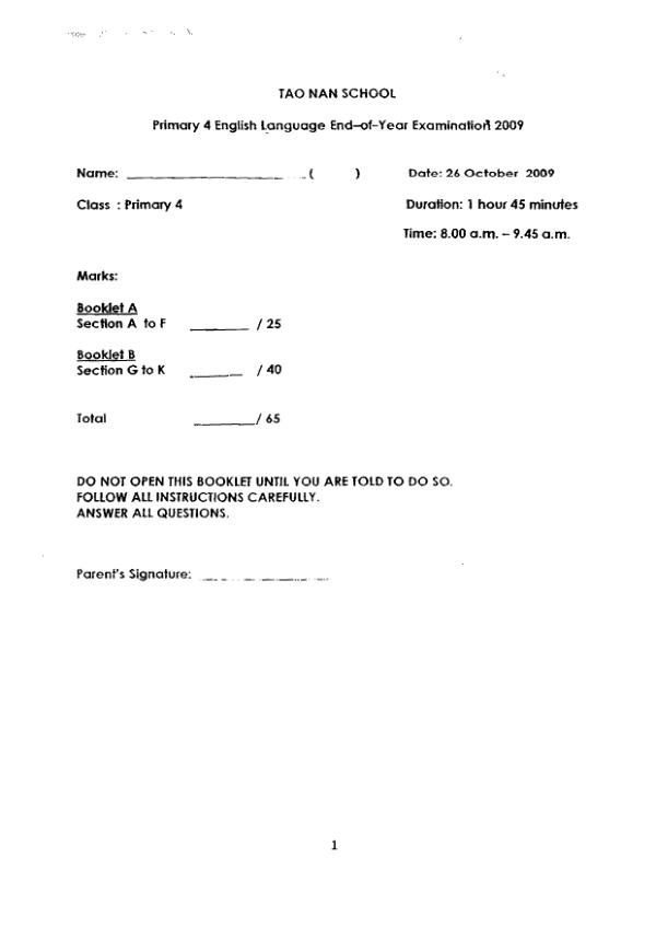 Tao Nan P4 Eng SA2 2009 exam paper PDF first page preview