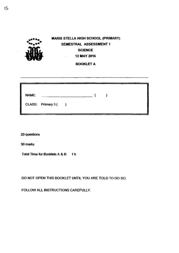 Maris Stella High P3 Sci WA2 2016 exam paper PDF first page preview