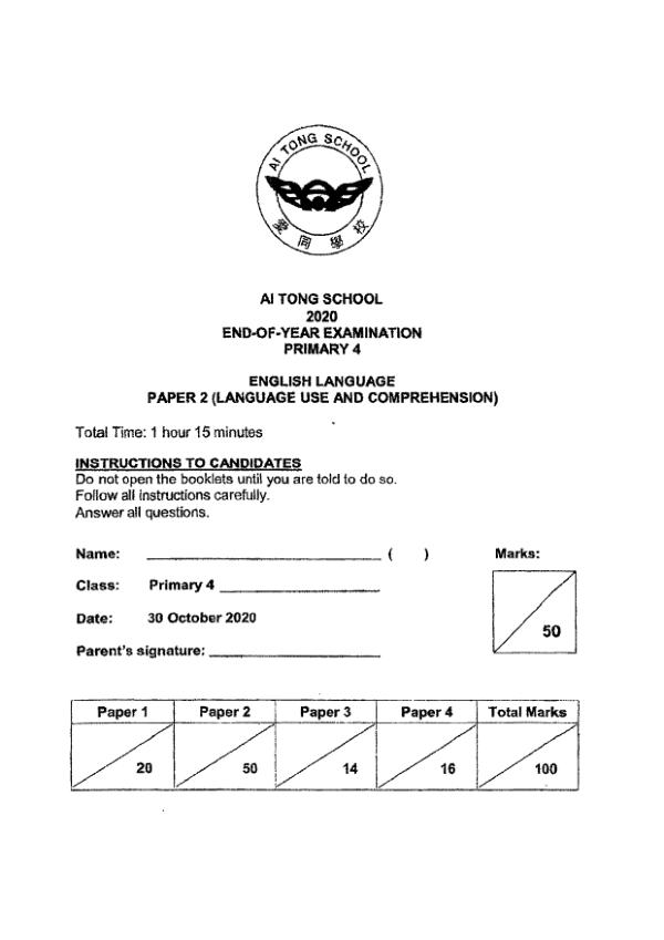 Ai Tong P4 Eng SA2 2020 exam paper PDF first page preview