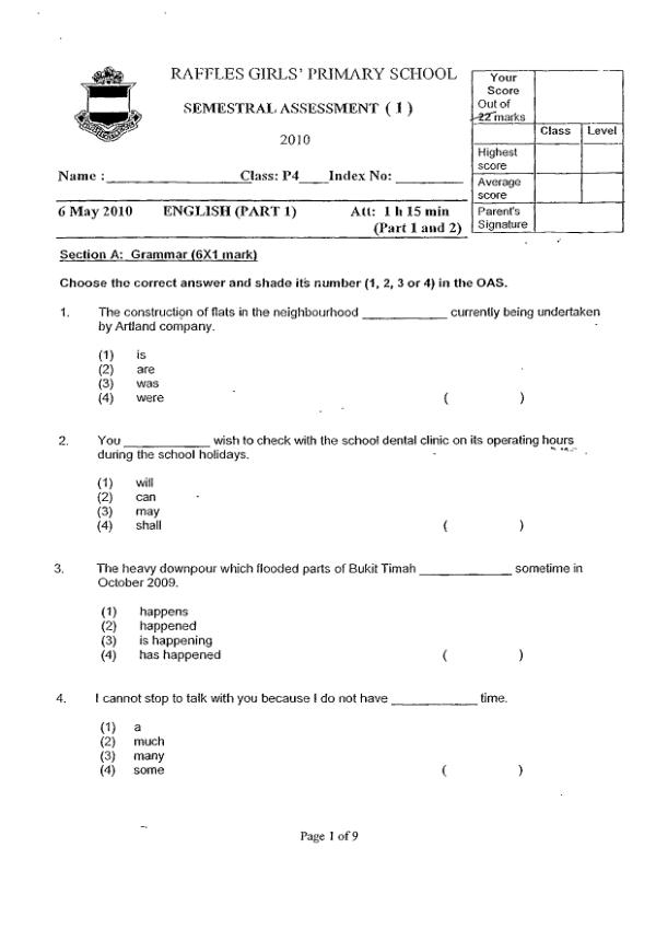 Raffles Girls P4 Eng WA2 2010 exam paper PDF first page preview