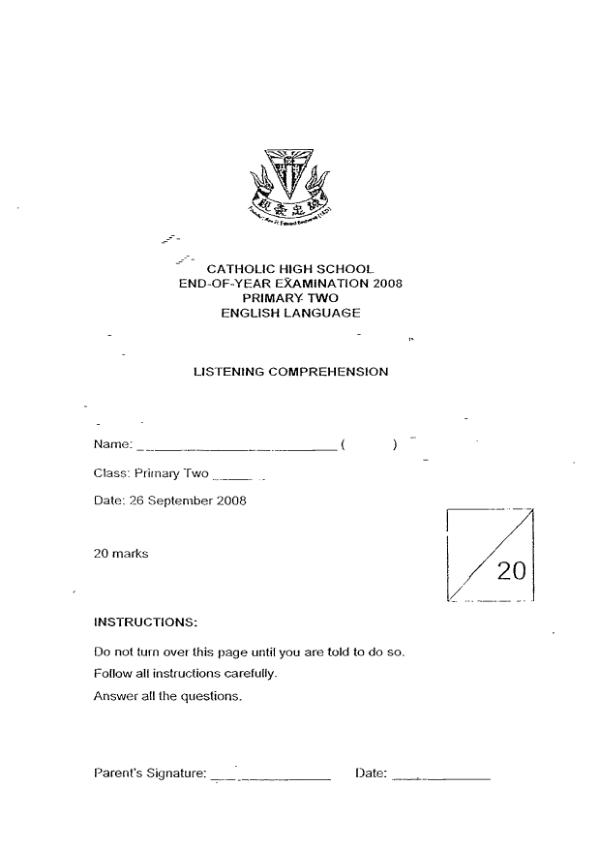 Catholic High P2 Eng SA2 2008 exam paper PDF preview