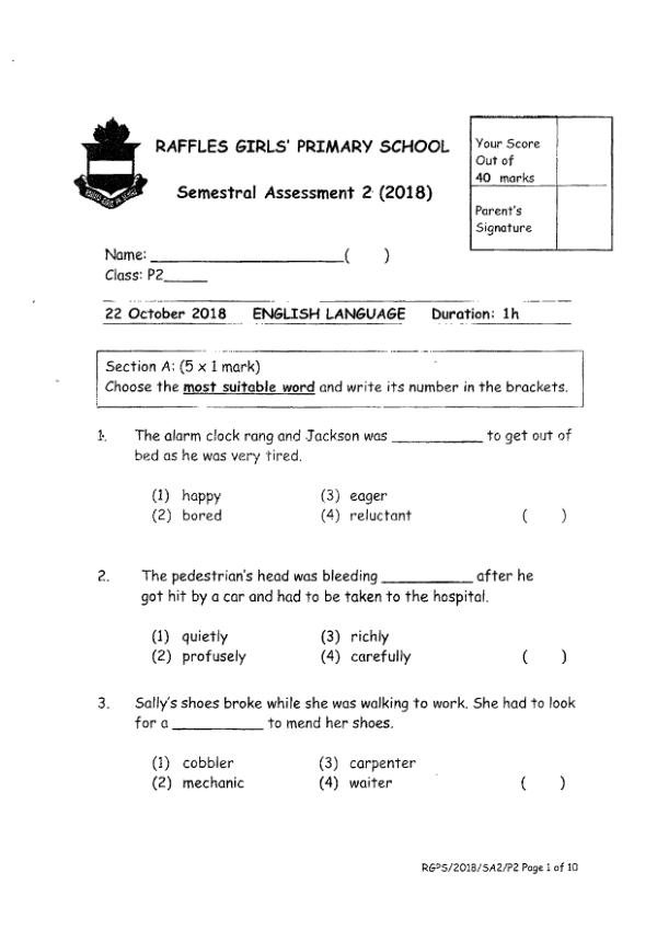 Raffles Girls P2 Eng SA2 2018 exam paper PDF first page preview