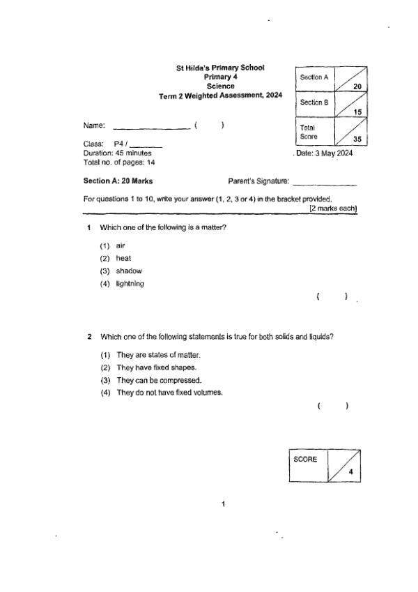 First page preview of P4 Sci 2024 WA2 — St Hildas