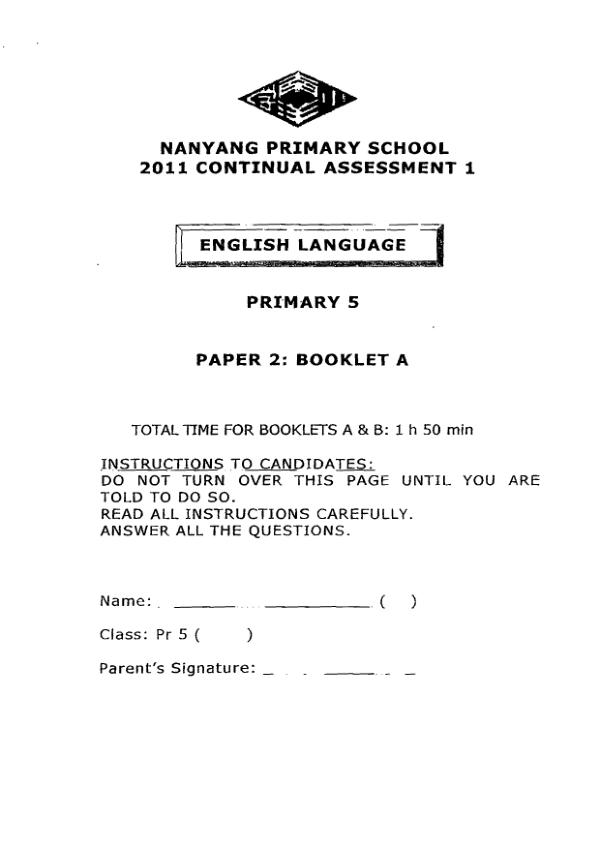 Nanyang P5 Eng WA1 2011 exam paper PDF preview