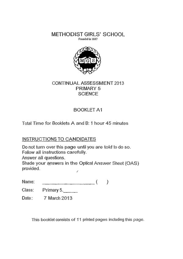 Methodist Girls P5 Sci WA1 2013 exam paper PDF preview