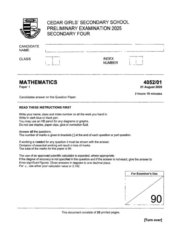 Cedar Girls Sec4 E_Maths Prelim 2025 exam paper PDF preview