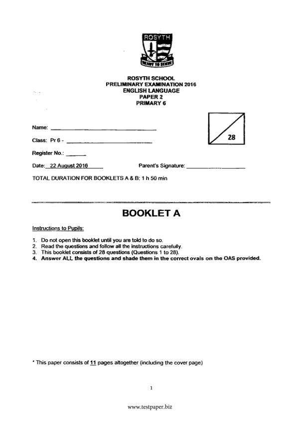 Rosyth P6 Eng SA2 2016 exam paper PDF preview