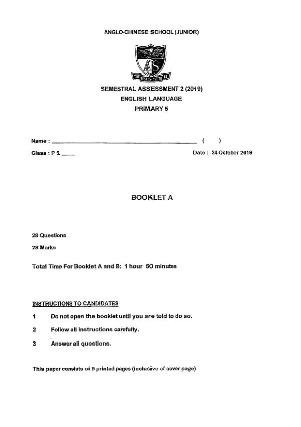 Anglo Chinese P5 Eng SA2 2019 exam paper PDF first page preview