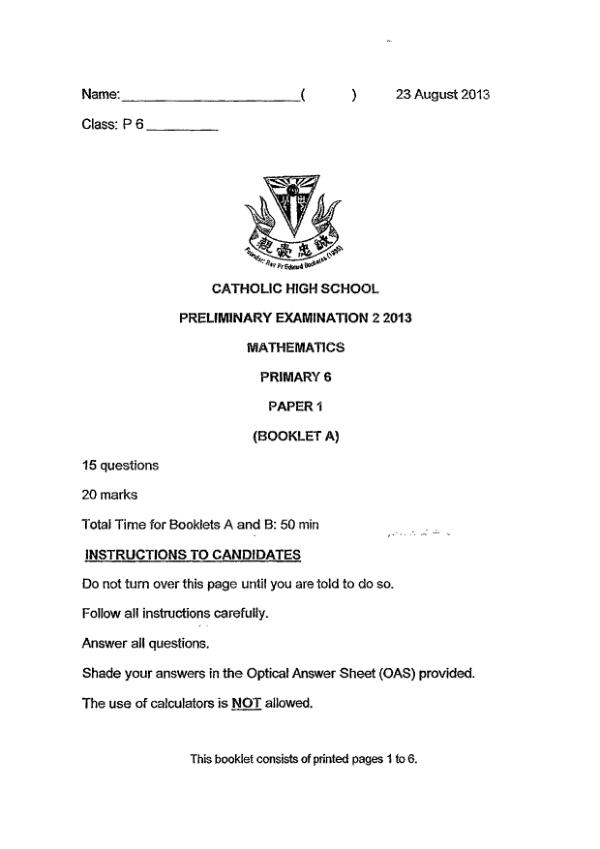 Catholic High P6 Math SA2 2013 exam paper PDF preview