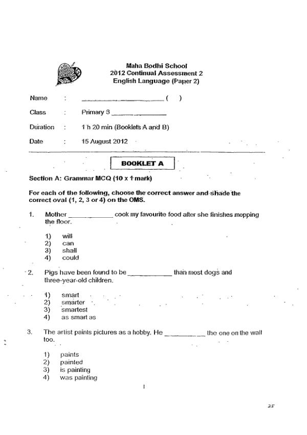 Maha Bodhi P3 Eng WA3 2012 exam paper PDF first page preview