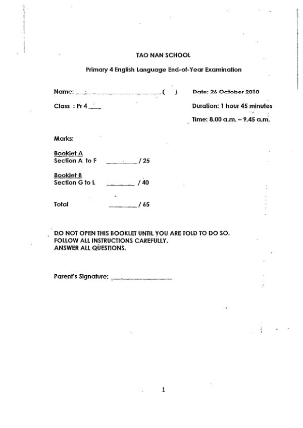 Tao Nan P4 Eng SA2 2010 exam paper PDF first page preview