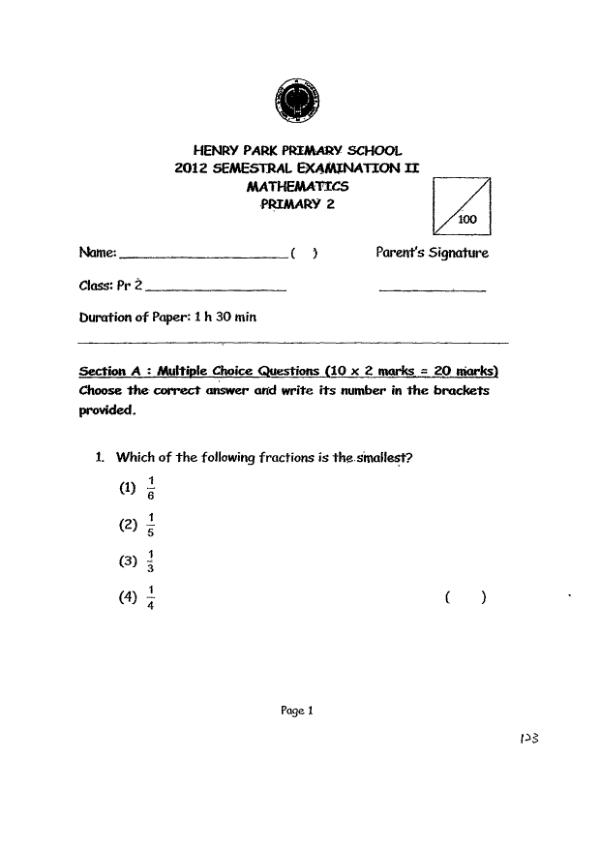 Henry Park P2 Math SA2 2012 exam paper PDF preview