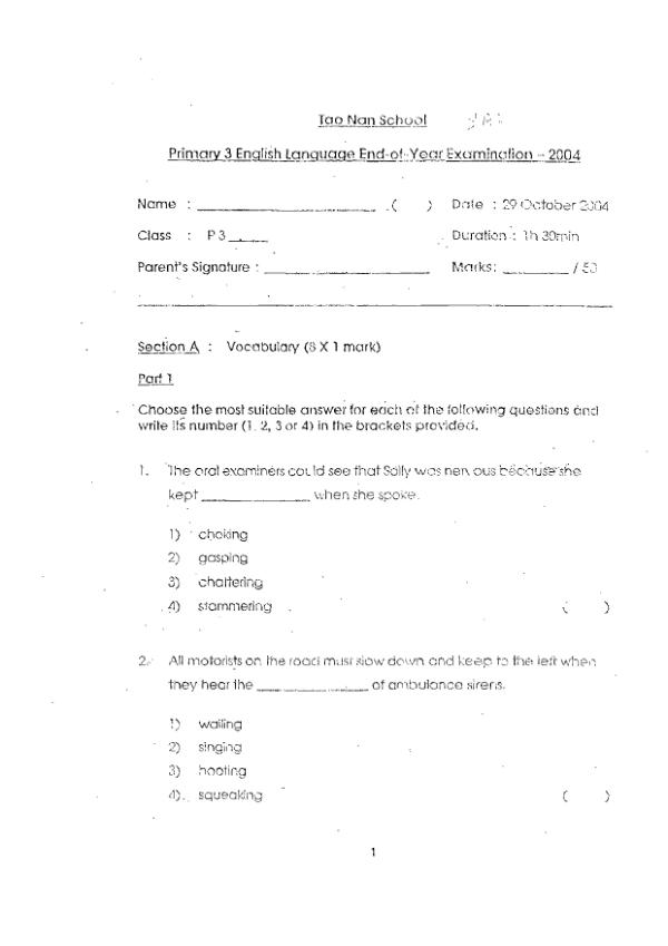 Tao Nan P3 Eng SA2 2004 exam paper PDF preview