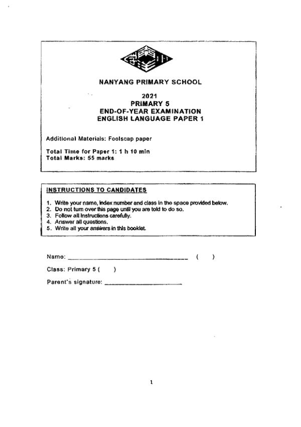 Nanyang P5 Eng SA2 2021 exam paper PDF first page preview