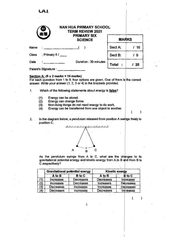 Nan Hua P6 Sci WA1 2021 exam paper PDF first page preview