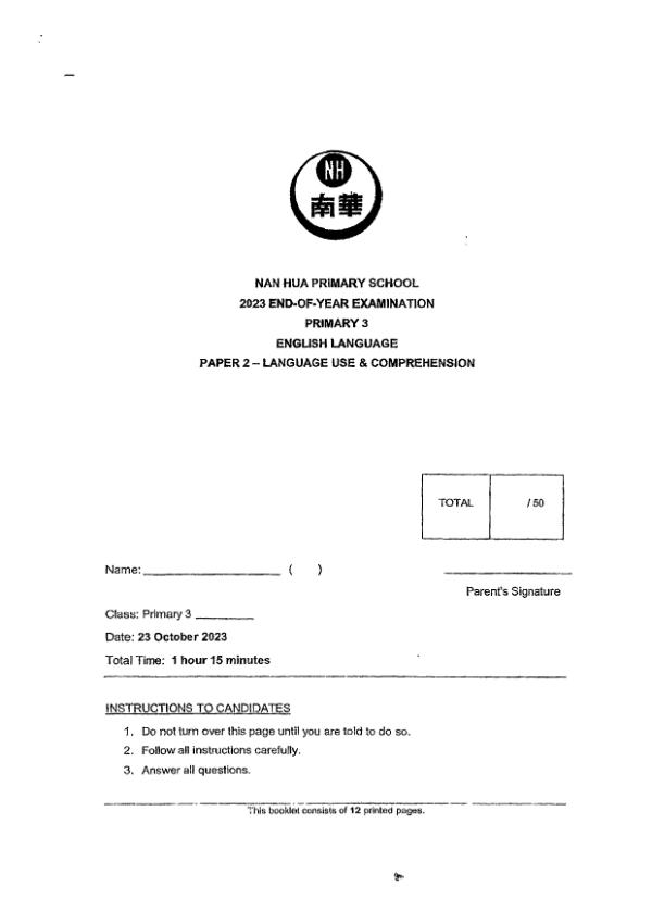 Nan Hua P3 Eng SA2 2023 exam paper PDF first page preview