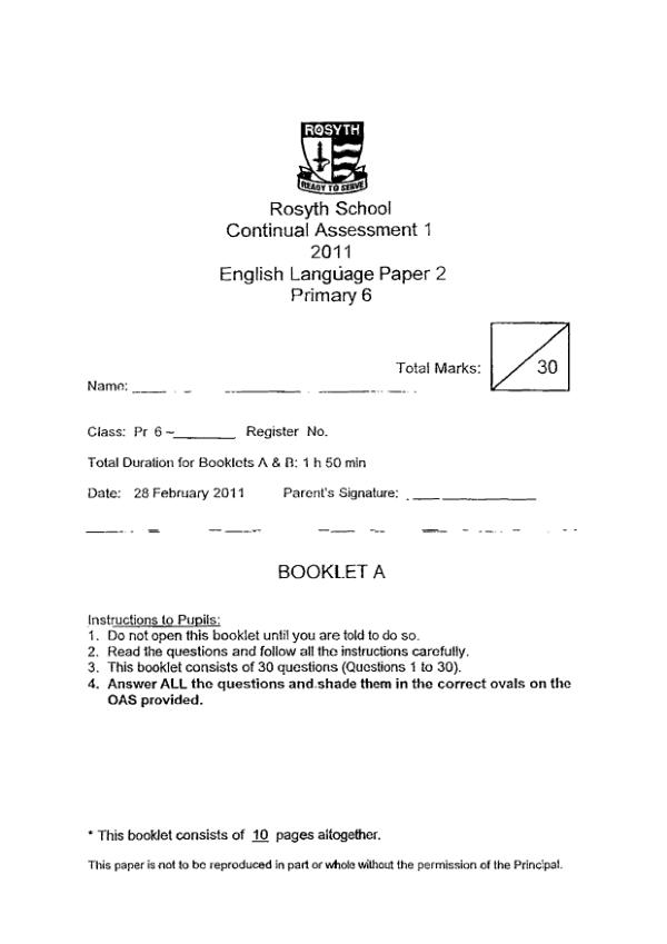 Rosyth P6 Eng WA1 2011 exam paper PDF preview