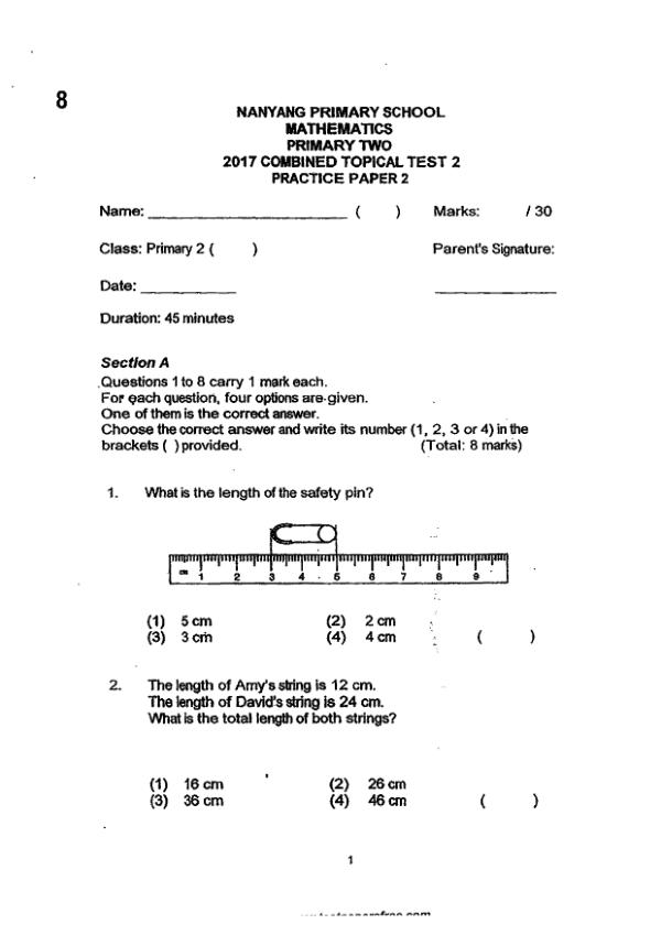 First page preview of P2 Math 2017 WA2 — Nanyang