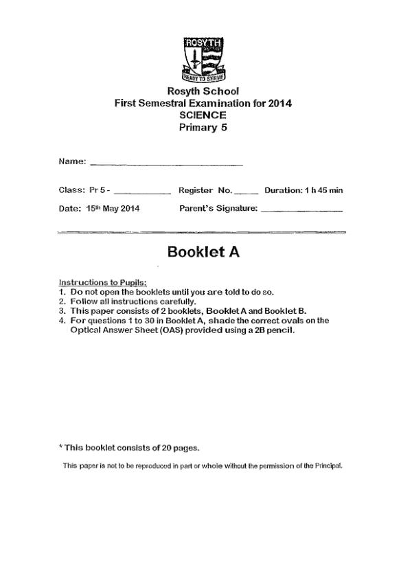 Rosyth P5 Sci WA2 2014 exam paper PDF first page preview