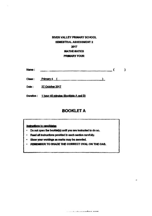 First page preview of P4 Math 2017 SA2 — River Valley