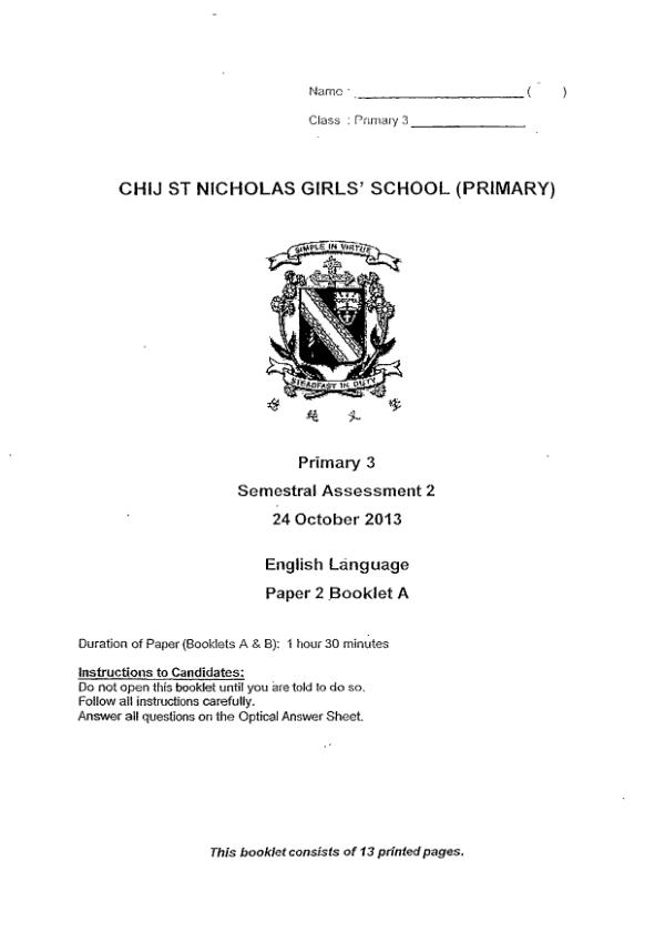 CHIJ P3 Eng SA2 2013 exam paper PDF first page preview